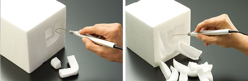 U型で自由に溝が掘れ、L型でさらに広く深く内側を削ぎ取るなど、ストレートでは難しい加工が可能に。