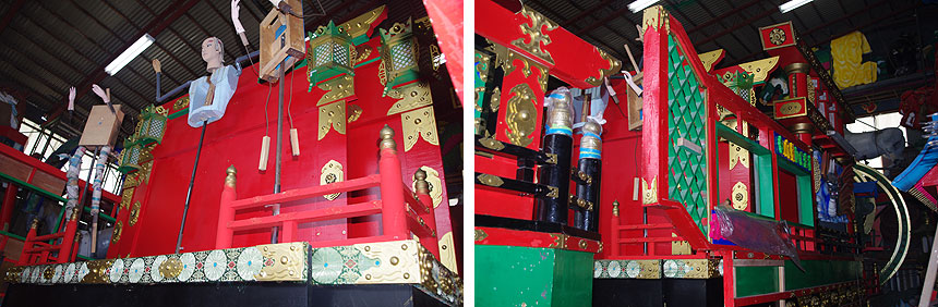 左：外から見えていた人形たち。中央のはボディがスタイロフォーム　右：ぐるっと回り込むとさらに緻密な造形が