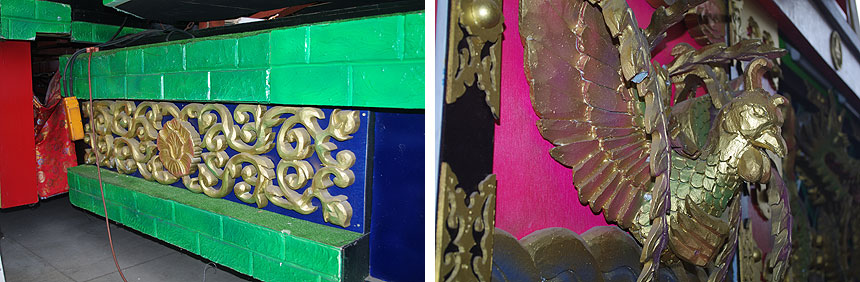 左：台座部分の唐草模様の深彫り　右：鳳凰のダイナミックな造形。こうして見ると製作者によって造りに個性が出ているのかな
