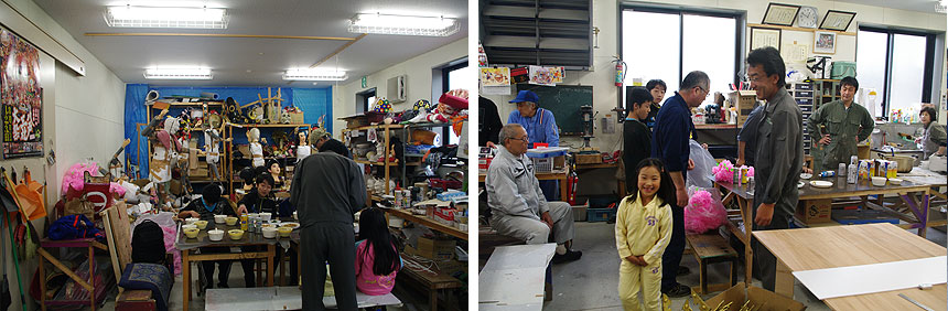 左：子供達のテーブル。作業場で食べる同じ釜の飯だな〜　右：でもって大人のテーブルには泡の出る飲み物も！