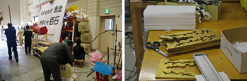 左：お昼を済ませて一息入れたら作業再開！　右：スチロールの薄板から切り抜いて着色、こうやっているのか