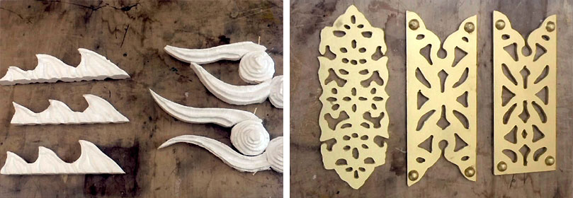 切り出したこの部品は背中の鰭と爪かな？　さらに着色まで済んだ化粧部品。こうした透かし彫りにはヒートカッターは最適。