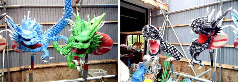 完成に近づく、龍の頭部。彫りの深い造形で迫力があります。